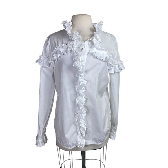Women's White Ruffled Top crisp cotton by Serpil Made In Lebanon - Picture 1 of 8